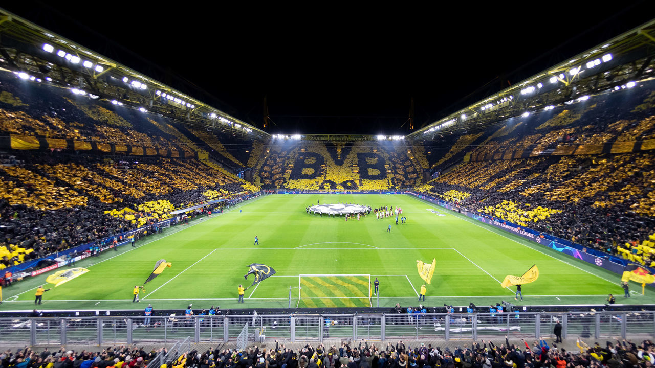 DORTMUND, GERMANY - FEBRUARY 18: (BILD ZEITUNG OUT) general view inside the stadium prior to the UEFA Champions League round of 16 first leg match between Borussia Dortmund and Paris Saint-Germain at Signal Iduna Park on February 18, 2020 in Dortmund, Germany.