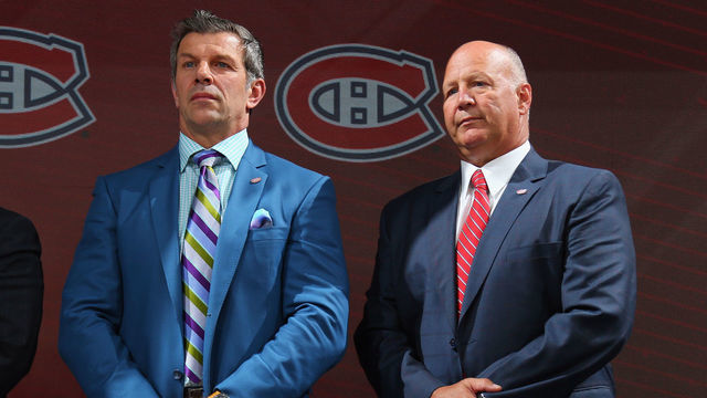 CHICAGO, IL - JUNE 23: (L-R) Marc Bergevin and Claude Julien of the Montreal Canadiens attend the 2017 NHL Draft at the United Center on June 23, 2017 in Chicago, Illinois.
