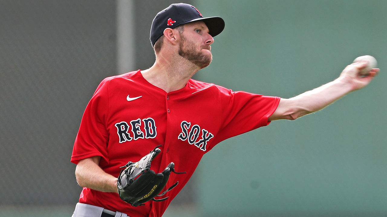 FORT MYERS, FL - FEBRUARY 16: Boston Red Sox pitcher Chris Sale throws in the outfield at the Jet Blue Park complex in Fort Myers, FL on Feb. 16, 2020, as the Red Sox continued their Spring Training workouts.