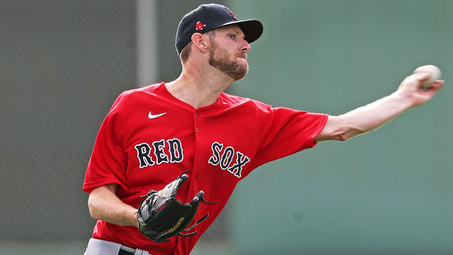 FORT MYERS, FL - FEBRUARY 16: Boston Red Sox pitcher Chris Sale throws in the outfield at the Jet Blue Park complex in Fort Myers, FL on Feb. 16, 2020, as the Red Sox continued their Spring Training workouts.