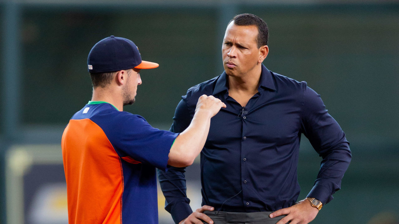 HOUSTON, TX - SEPTEMBER 02: Houston Astros third baseman Alex Bregman (2) and ESPN commentator Alex Rodriquez talking baseball during an ESPN filming prior to a baseball game between the Houston Astros and the Los Angeles Angels on September 02, 2018, at Minute Maid Park in Houston, TX..