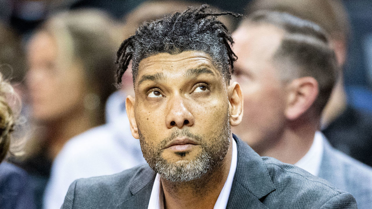 CHARLOTTE, NORTH CAROLINA - MARCH 03: Assistant coach Tim Duncan of the San Antonio Spurs looks on during the first quarter of the game against the Charlotte Hornets at Spectrum Center on March 03, 2020 in Charlotte, North Carolina. NOTE TO USER: User expressly acknowledges and agrees that, by downloading and/or using this photograph, user is consenting to the terms and conditions of the Getty Images License Agreement.