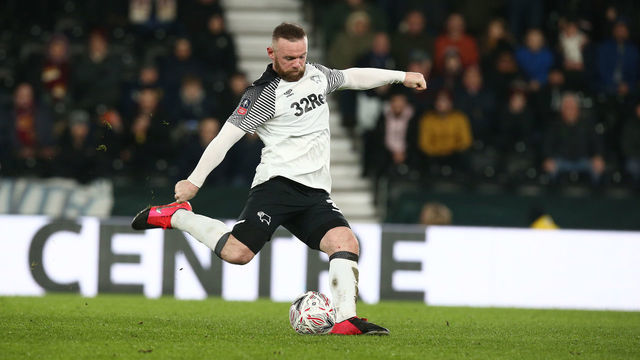 DERBY, ENGLAND - FEBRUARY 04:Wayne Rooney of Derby County in action during the FA Cup Fourth Round Replay match between Derby County and Northampton Town at Pride Park on February 04, 2020 in Derby, England.