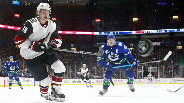 VANCOUVER, BC - JANUARY 16: Christian Dvorak #18 of the Arizona Coyotes and Bo Horvat #53 of the Vancouver Canucks watch a rebound during their NHL game at Rogers Arena January 16, 2020 in Vancouver, British Columbia, Canada. "n