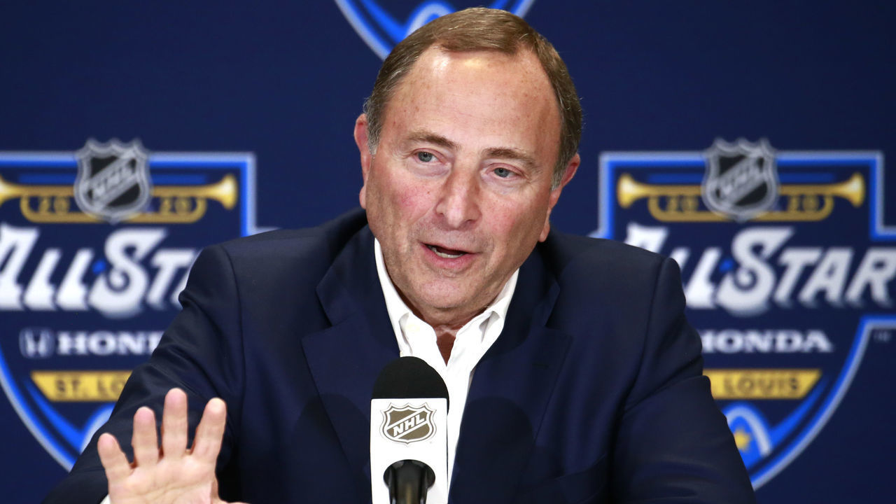 ST LOUIS, MISSOURI - JANUARY 24: NHL Commissioner Gary Bettman speaks to the media prior to the start of the 2020 NHL All-Star Skills competition at Enterprise Center on January 24, 2020 in St Louis, Missouri.
