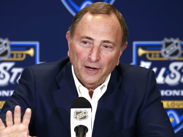 ST LOUIS, MISSOURI - JANUARY 24: NHL Commissioner Gary Bettman speaks to the media prior to the start of the 2020 NHL All-Star Skills competition at Enterprise Center on January 24, 2020 in St Louis, Missouri.