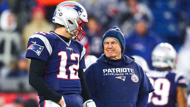 FOXBOROUGH, MA - NOVEMBER 24: Tom Brady #12 talks to head coach Bill Belichick of the New England Patriots before a game against the Dallas Cowboys at Gillette Stadium on November 24, 2019 in Foxborough, Massachusetts.