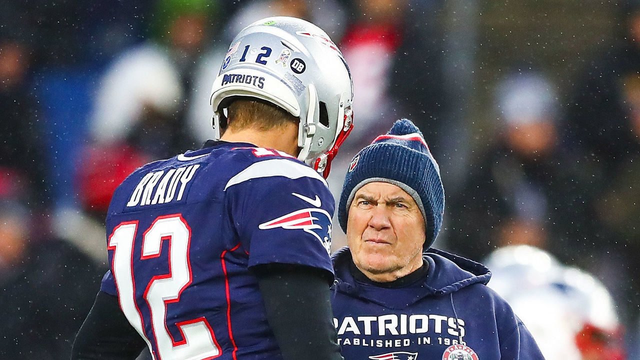 FOXBOROUGH, MA - NOVEMBER 24: Tom Brady #12 talks to head coach Bill Belichick of the New England Patriots before a game against the Dallas Cowboys at Gillette Stadium on November 24, 2019 in Foxborough, Massachusetts.