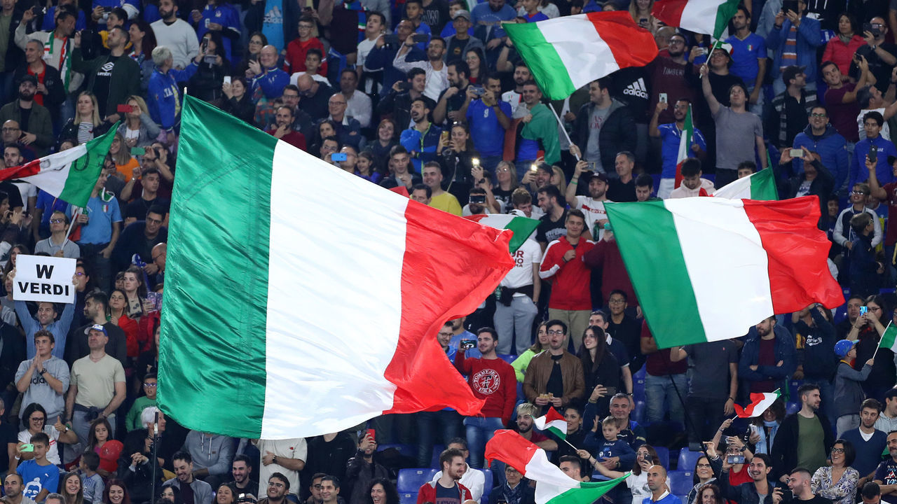 Local supporters with italian flag during the Group J European Qualifiers for UEFA Euro 2020 match Italy v Greece at the Olimpico Stadium in Rome, Italy on October 12, 2019
