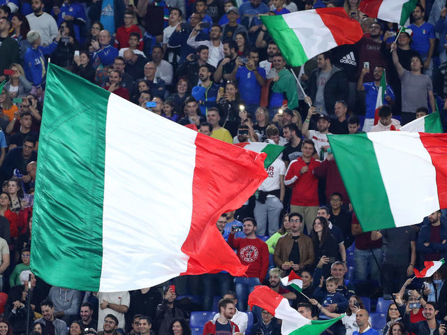 Local supporters with italian flag during the Group J European Qualifiers for UEFA Euro 2020 match Italy v Greece at the Olimpico Stadium in Rome, Italy on October 12, 2019