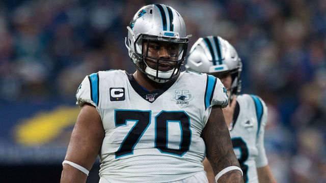 INDIANAPOLIS, IN - DECEMBER 22: Carolina Panthers guard Trai Turner (70) lines up on offense during the NFL game between the Carolina Panthers and the Indianapolis Colts on December 22, 2019 at Lucas Oil Stadium, in Indianapolis, IN.