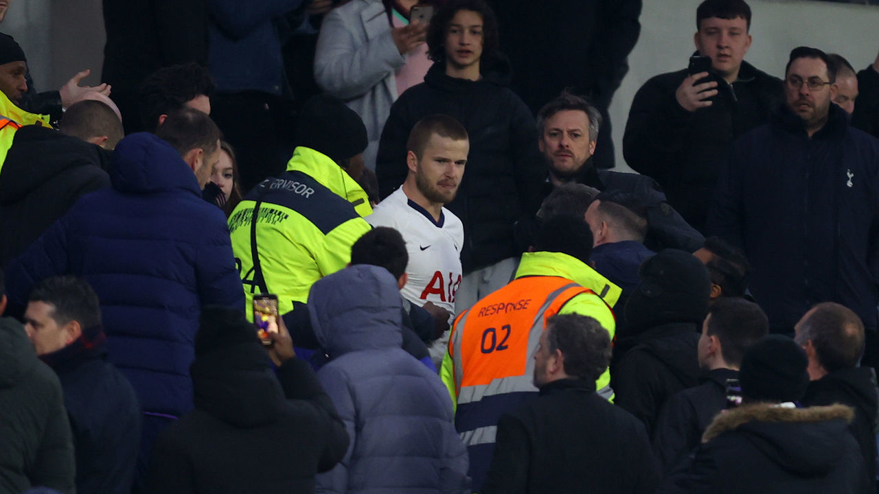 LONDON, ENGLAND - MARCH 04: Eric Dier of Tottenham Hotspur is seen speaking to Tottenham Hotspur fans in the stands following his teams defeat in the FA Cup Fifth Round match between Tottenham Hotspur and Norwich City at Tottenham Hotspur Stadium on March 04, 2020 in London, England.