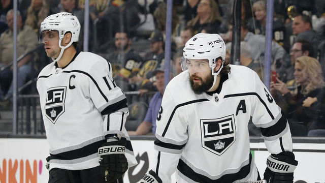 LAS VEGAS, NV - MARCH 01: Los Angeles Kings center Anze Kopitar (11) and Los Angeles Kings defenseman Drew Doughty (8) look down the ice during the second period of a regular season game against the Vegas Golden Knights Sunday, March 1, 2020, in Las Vegas. (Marc Sanchez/Icon Sportswire via Getty Images)