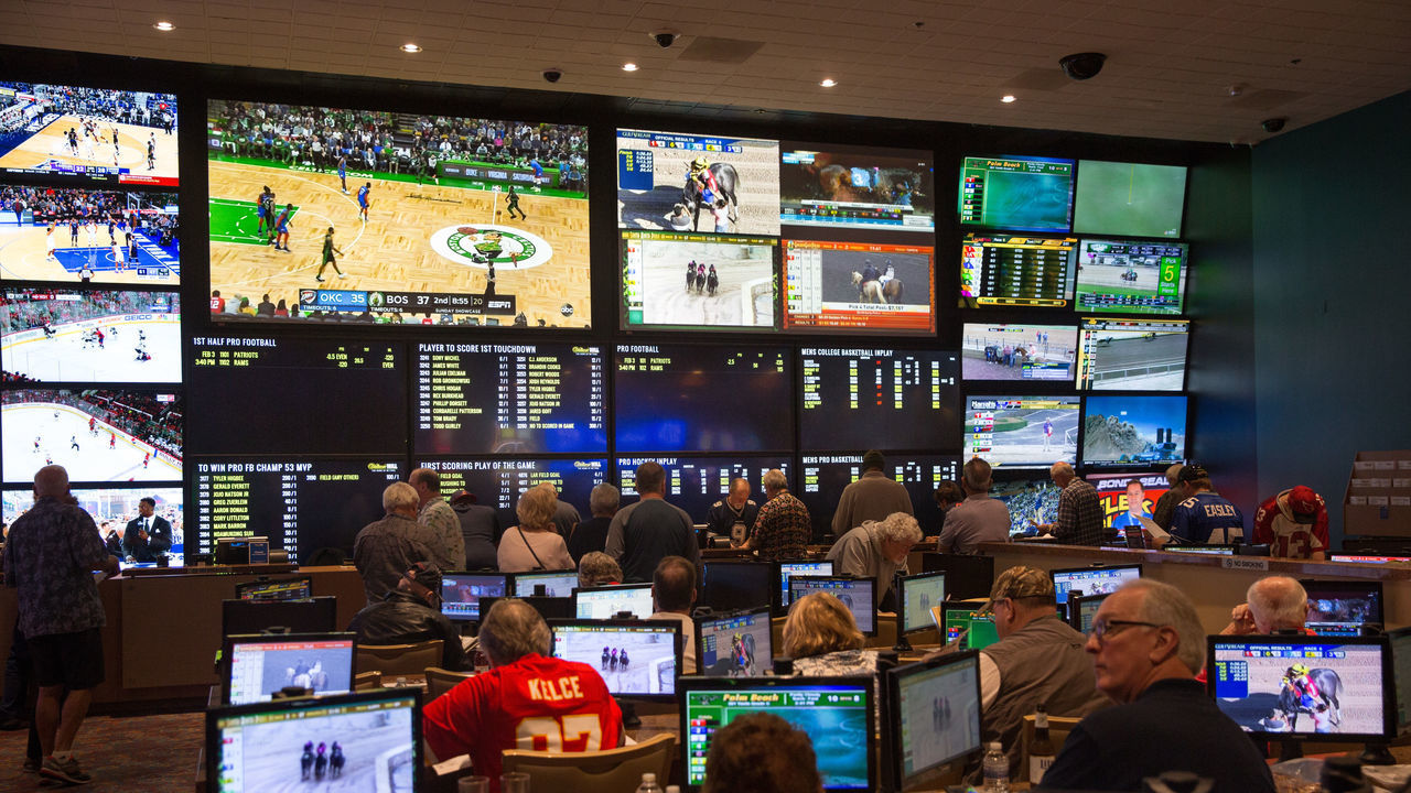 LAUGHLIN, NV - FEBRUARY 3: The sports book room at the Aquarius Hotel & Casino is viewed on February 3, 2019 in Laughlin, Nevada. Located on the Colorado River 90 miles south of Las Vegas, this unincorporated Clark County town is known for it gambling, entertainment, and water sports.