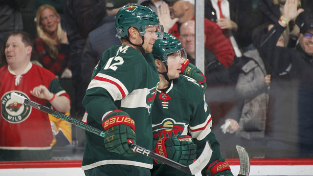 SAINT PAUL, MN - MARCH 3: Eric Staal #12 and Kevin Fiala #22 of the Minnesota Wild celebrate after Fiala scored a goal against the Nashville Predators during the game at the Xcel Energy Center on March 3, 2020 in Saint Paul, Minnesota.