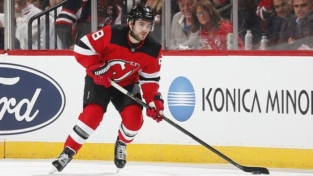 NEWARK, NJ - FEBRUARY 8: Will Butcher #8 of the New Jersey Devils plays the puck against the Los Angeles Kings during the game at the Prudential Center on February 8, 2020 in Newark, New Jersey. "n"n"n