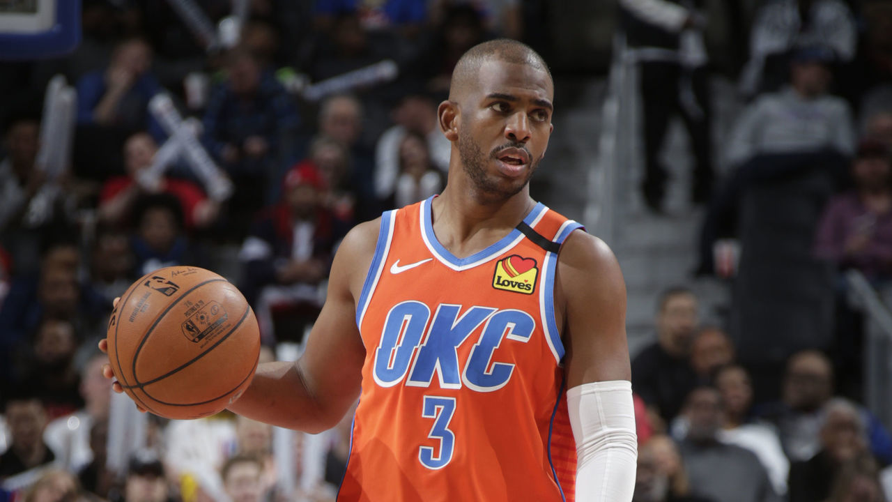 DETROIT, MI - MARCH 4: Chris Paul #3 of the Oklahoma City Thunder handles the ball against the Detroit Pistons on March 4, 2020 at Little Caesars Arena in Detroit, Michigan. NOTE TO USER: User expressly acknowledges and agrees that, by downloading and/or using this photograph, User is consenting to the terms and conditions of the Getty Images License Agreement. Mandatory Copyright Notice: Copyright 2020 NBAE