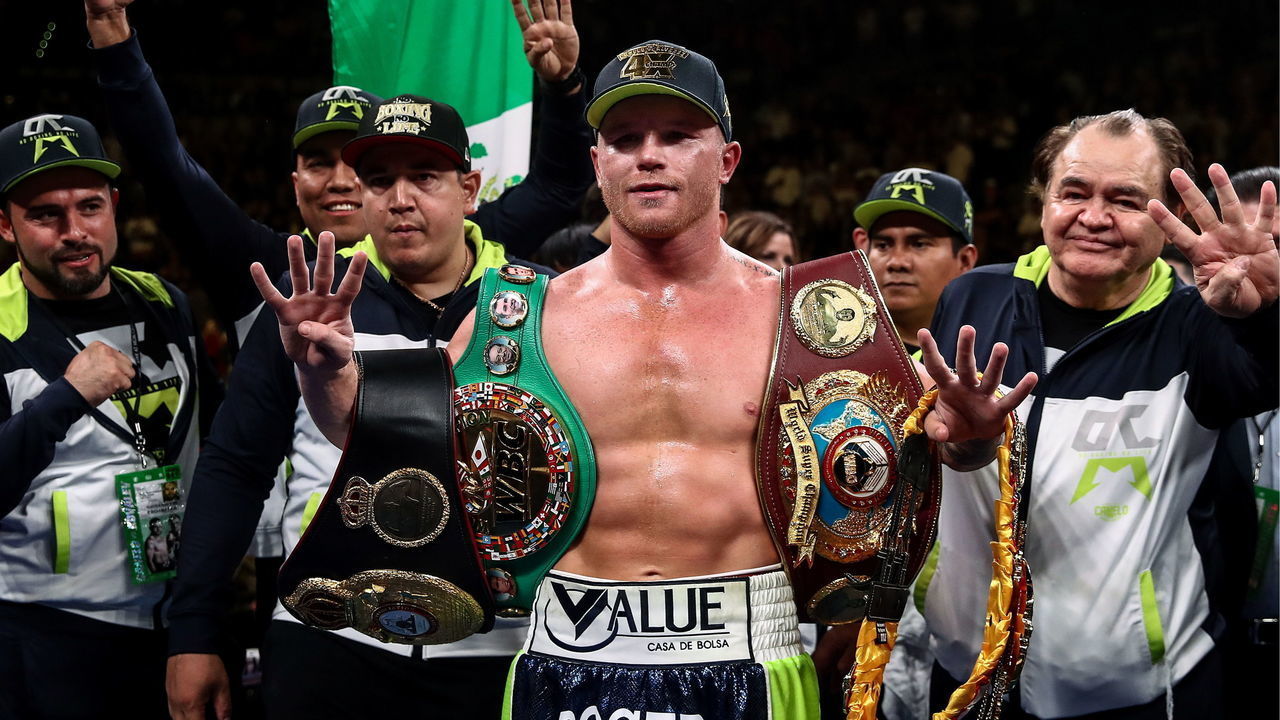 LAS VEGAS, NEVADA, UNITED STATES NOVEMBER 2, 2019: Mexican boxer Saul «Canelo» Alvarez (C), WBA Super title holder, celebrates winning his WBO light heavyweight title bout against Russian rival Sergey Kovalev at MGM Grand Garden Arena in Las Vegas. Valery Sharifulin/TASS