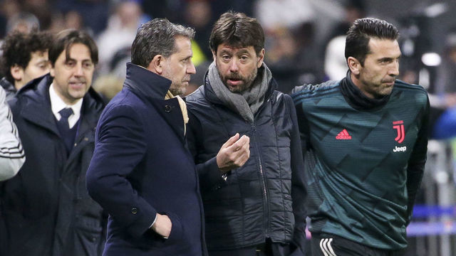 LYON, FRANCE - FEBRUARY 26: Chief Football Officer of Juventus Fabio Paratici, President of Juventus Andrea Agnelli, goalkeeper of Juventus Gianluigi Buffon attend the UEFA Champions League round of 16 first leg match between Olympique Lyonnais (OL) and Juventus at Groupama Stadium on February 26, 2020 in Decines near Lyon, France.