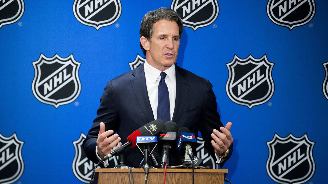 TORONTO, ON - APRIL 30 - Toronto Maple Leafs President Brendan Shanahan speaks to reporters after winning the first selection in the 2016 NHL Draft Lottery April 30, 2016. (Carlos Osorio/Toronto Star via Getty Images)