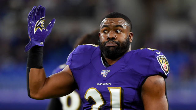 BALTIMORE, MARYLAND - JANUARY 11: Mark Ingram #21 of the Baltimore Ravens warms up prior to playing against the Tennessee Titans in the AFC Divisional Playoff game at M&T Bank Stadium on January 11, 2020 in Baltimore, Maryland.