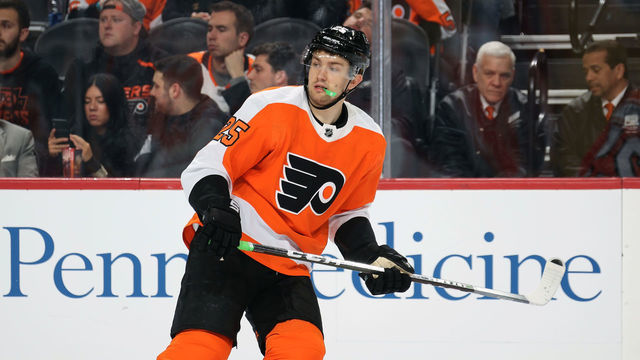PHILADELPHIA, PA - FEBRUARY 25: James van Riemsdyk #25 of the Philadelphia Flyers skates against the San Jose Sharks on February 25, 2020 at the Wells Fargo Center in Philadelphia, Pennsylvania.