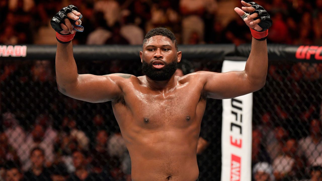 ABU DHABI, UNITED ARAB EMIRATES - SEPTEMBER 07: Curtis Blaydes celebrates his TKO victory over Shamil Abdurakhimov of Russia in their heavyweight bout during UFC 242 at The Arena on September 7, 2019 in Yas Island, Abu Dhabi, United Arab Emirates.