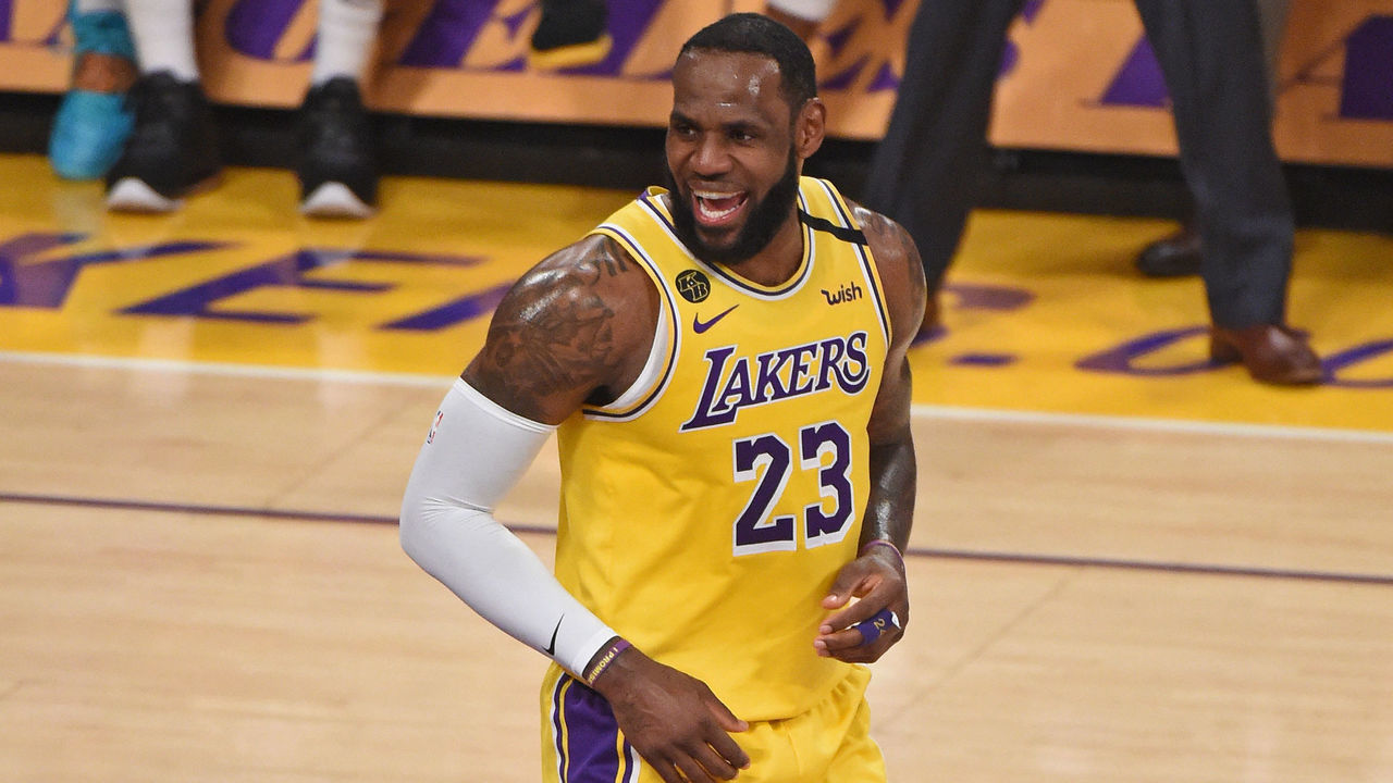 LOS ANGELES, CA - MARCH 3: LeBron James #23 of the Los Angeles Lakers smiles during a game against the Philadelphia 76ers on March 3, 2020 at STAPLES Center in Los Angeles, California. NOTE TO USER: User expressly acknowledges and agrees that, by downloading and/or using this Photograph, user is consenting to the terms and conditions of the Getty Images License Agreement. Mandatory Copyright Notice: Copyright 2020 NBAE