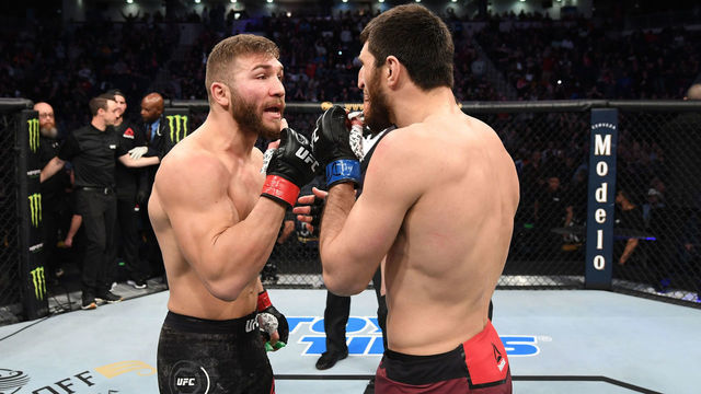 NORFOLK, VA - FEBRUARY 29: (L-R) Ion Cutelaba and Magomed Ankalaev exchange words after their light heavyweight bout during the UFC Fight Night event at Chartway Arena on February 29, 2020 in Norfolk, Virginia.