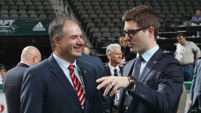 DALLAS, TX - JUNE 23: (l-r) Pierre Dorion and Kyle Dubas attend the 2018 NHL Draft at American Airlines Center on June 23, 2018 in Dallas, Texas.