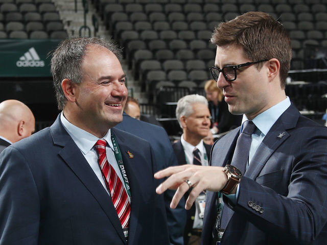 DALLAS, TX - JUNE 23: (l-r) Pierre Dorion and Kyle Dubas attend the 2018 NHL Draft at American Airlines Center on June 23, 2018 in Dallas, Texas.