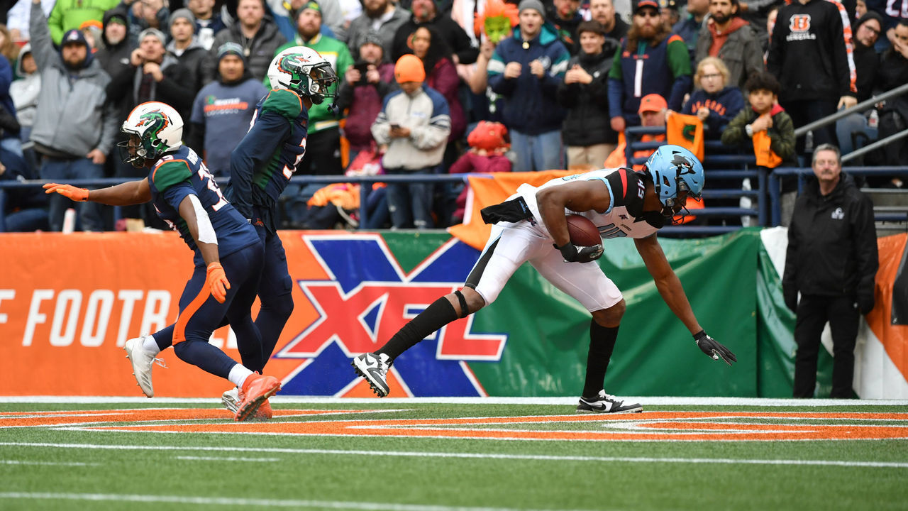 SEATTLE, WA - FEBRUARY 22: Donald Parham #49 of the Dallas Renegades scores a touchdown during the XFL game against the Seattle Dragons at CenturyLink Field on February 22, 2020 in Seattle, Washington.