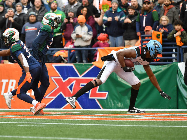 SEATTLE, WA - FEBRUARY 22: Donald Parham #49 of the Dallas Renegades scores a touchdown during the XFL game against the Seattle Dragons at CenturyLink Field on February 22, 2020 in Seattle, Washington.
