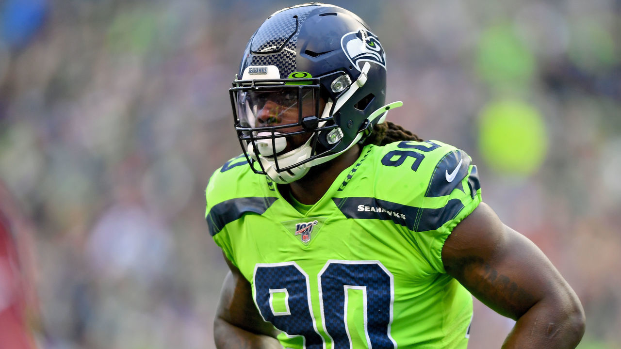 SEATTLE, WASHINGTON - OCTOBER 03: Jadeveon Clowney #90 of the Seattle Seahawks runs off the field during the game against the Los Angeles Rams at CenturyLink Field on October 03, 2019 in Seattle, Washington. The Seattle Seahawks top the Los Angeles Rams 30-29.