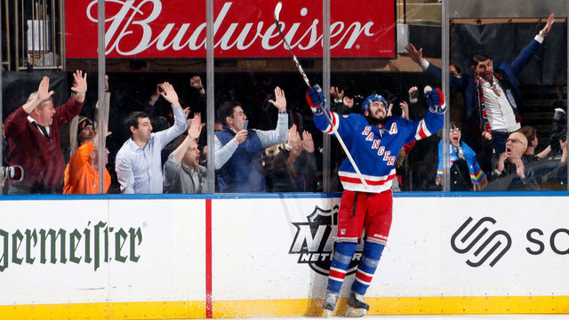 NEW YORK, NY - MARCH 05: Mika Zibanejad #93 of the New York Rangers reacts after scoring his fifth goal of the game and the game winner in overtime against the Washington Capitals at Madison Square Garden on March 5, 2020 in New York City.