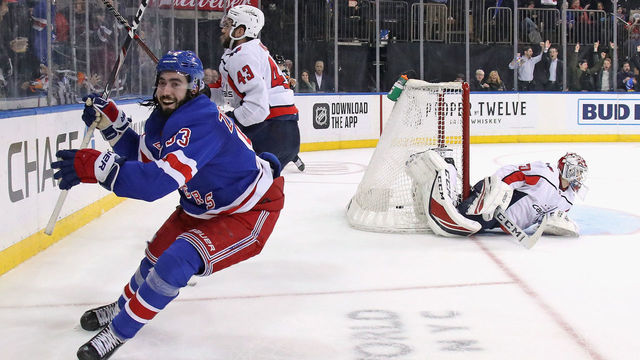 NEW YORK, NEW YORK - MARCH 05: Mika Zibanejad #93 of the New York Rangers scores his fifth goal of the game in overtime to defeat Ilya Samsonov #30 and the Washington Capitals 5-4 at Madison Square Garden on March 05, 2020 in New York City.