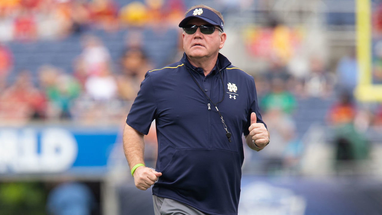 ORLANDO, FL - DECEMBER 28: Notre Dame Fighting Irish head coach Brian Kelly looks on during the game between Notre Dame Fighting Irish and Iowa State Cyclones on December 28, 2019 at Camping World Stadium in Orlando, Fl.