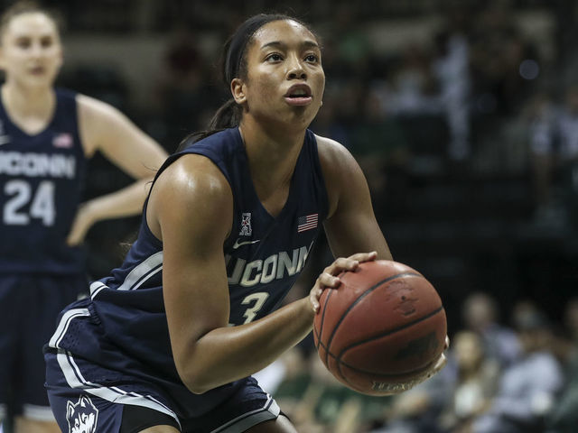 TAMPA, FL - FEBRUARY 16: UConn Huskies forward Megan Walker (3) attempts a free throw during the women's college basketball game between the Connecticut Huskies and South Florida Bulls on February 16, 2020 at the Yuengling Center in Tampa, FL.