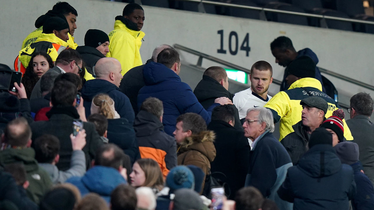 Tottenham Hotspur's Eric Dier confronts a supporter in the stands following the FA Cup fifth round match at Tottenham Hotspur Stadium, London.