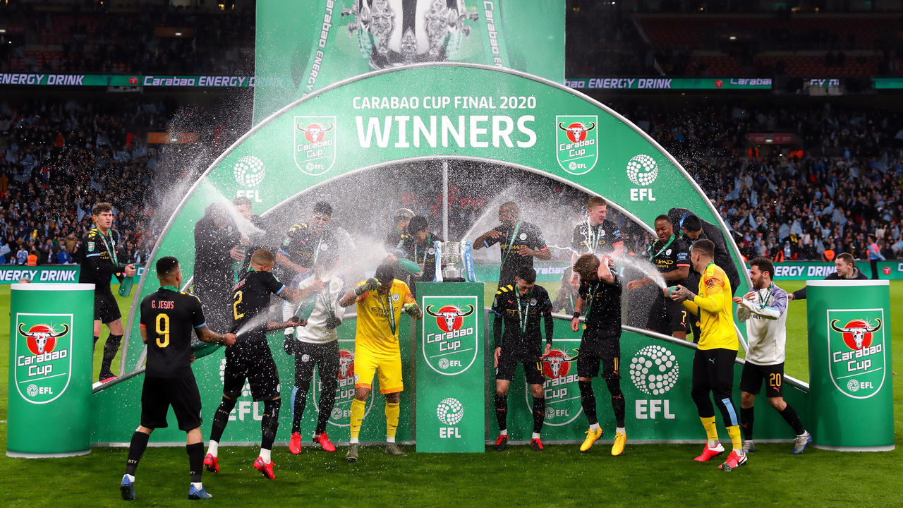 LONDON, UNITED KINGDOM - 2020/03/01: Manchester City players celebrate after the Carabao Cup Final match between Aston Villa and Manchester City at Wembley Stadium. (Final Score: Aston Villa 1 - 2 Manchester City).