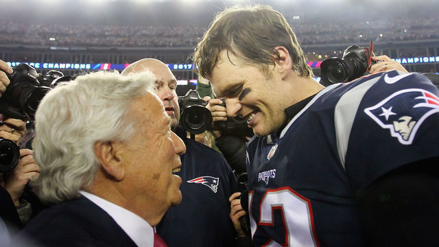 FOXBOROUGH, MA - JANUARY 21: Tom Brady #12 of the New England Patriots celebrates with owner Robert Kraft after winning the AFC Championship Game against the Jacksonville Jaguars at Gillette Stadium on January 21, 2018 in Foxborough, Massachusetts.