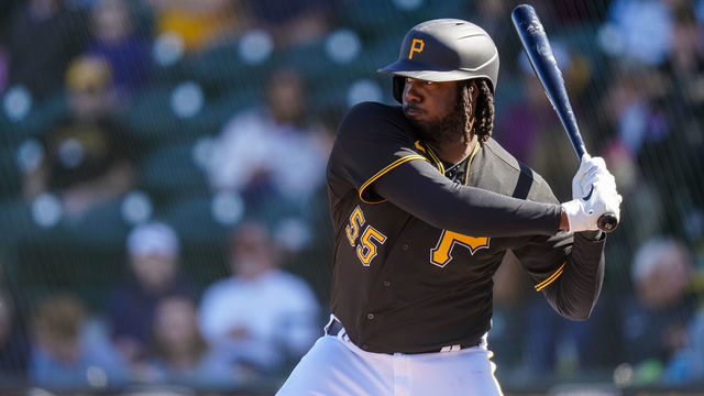 BRADENTON, FL- FEBRUARY 22: Josh Bell #55 of the Pittsburgh Pirates bats during a game against the Minnesota Twins on February 21, 2020 at LECOM Park in Bradenton, Florida.