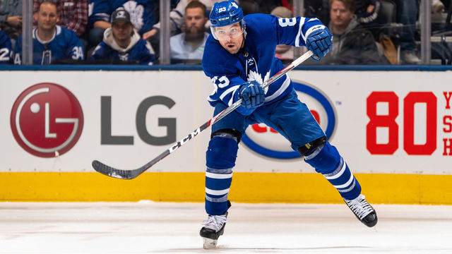 TORONTO, ON - FEBRUARY 1: Cody Ceci #83 of the Toronto Maple Leafs passes the puck against the Ottawa Senators during the second period at the Scotiabank Arena on February 1, 2020 in Toronto, Ontario, Canada.