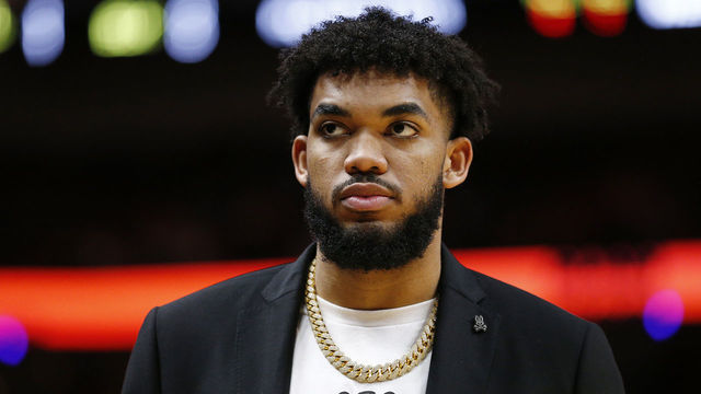 MIAMI, FLORIDA - FEBRUARY 26: Karl-Anthony Towns #32 of the Minnesota Timberwolves looks on against the Miami Heat during the second half at American Airlines Arena on February 26, 2020 in Miami, Florida. NOTE TO USER: User expressly acknowledges and agrees that, by downloading and/or using this photograph, user is consenting to the terms and conditions of the Getty Images License Agreement.