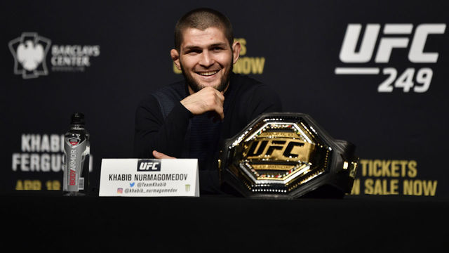 LAS VEGAS, NEVADA - MARCH 06: Khabib Nurmagomedov interacts with media during the UFC 249 press conference at T-Mobile Arena on March 06, 2020 in Las Vegas, Nevada.