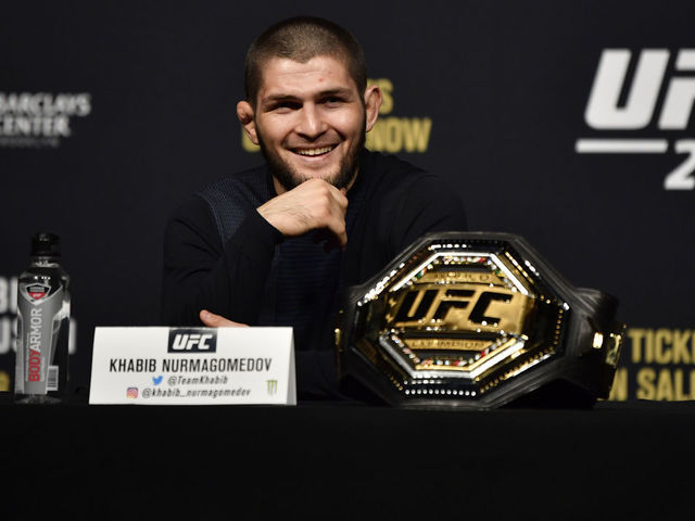LAS VEGAS, NEVADA - MARCH 06: Khabib Nurmagomedov interacts with media during the UFC 249 press conference at T-Mobile Arena on March 06, 2020 in Las Vegas, Nevada.