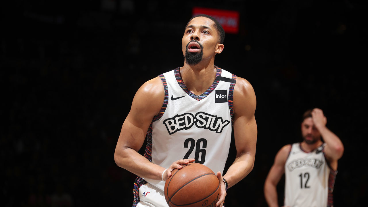 BROOKLYN, NY - MARCH 6: Spencer Dinwiddie #26 of the Brooklyn Nets shoots a free throw during the game against the San Antonio Spurs on March 6, 2020 at Barclays Center in Brooklyn, New York. Mandatory Copyright Notice: Copyright 2020 NBAE