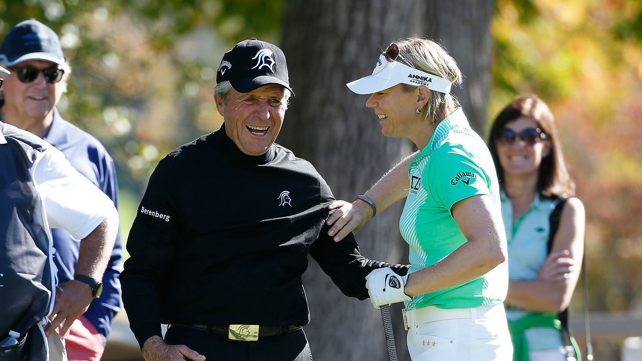 BEDFORD HILLS, NY - OCTOBER 12: Gary Player and Annika Sorenstam during the Berenberg Gary Player Invitational Pro-Am held at GlenArbor Golf Club on October 12, 2015 in Bedford Hills, New York.