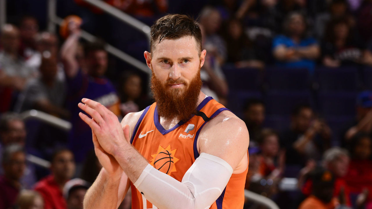 PHOENIX, AZ - MARCH 6: Aron Baynes #46 of the Phoenix Suns reacts to a play against the Portland Trail Blazers on March 6, 2020 at Talking Stick Resort Arena in Phoenix, Arizona. Mandatory Copyright Notice: Copyright 2020 NBAE