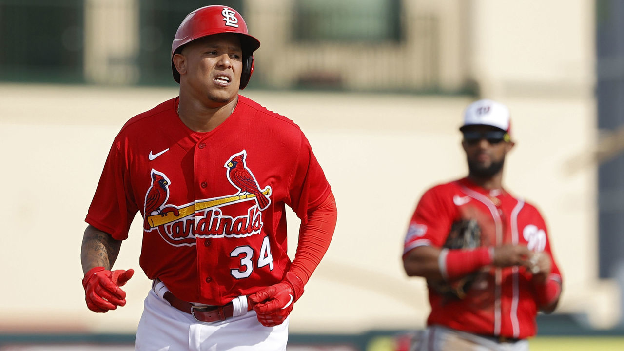 JUPITER, FL - FEBRUARY 25: Yairo Munoz #34 of the St Louis Cardinals rounds the bases after hitting a two-run home run in the fifth inning of a Grapefruit League spring training game against the Washington Nationals at Roger Dean Stadium on February 25, 2020 in Jupiter, Florida.